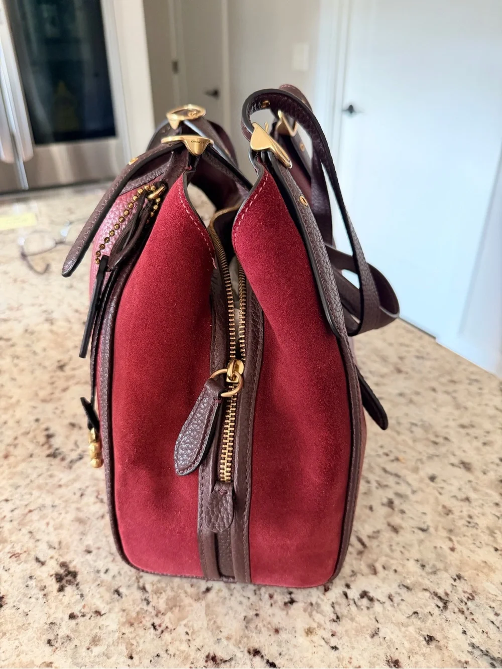 Coach Pebbled Leather Shoulder Bag in Burgundy with Dark Brown Trim